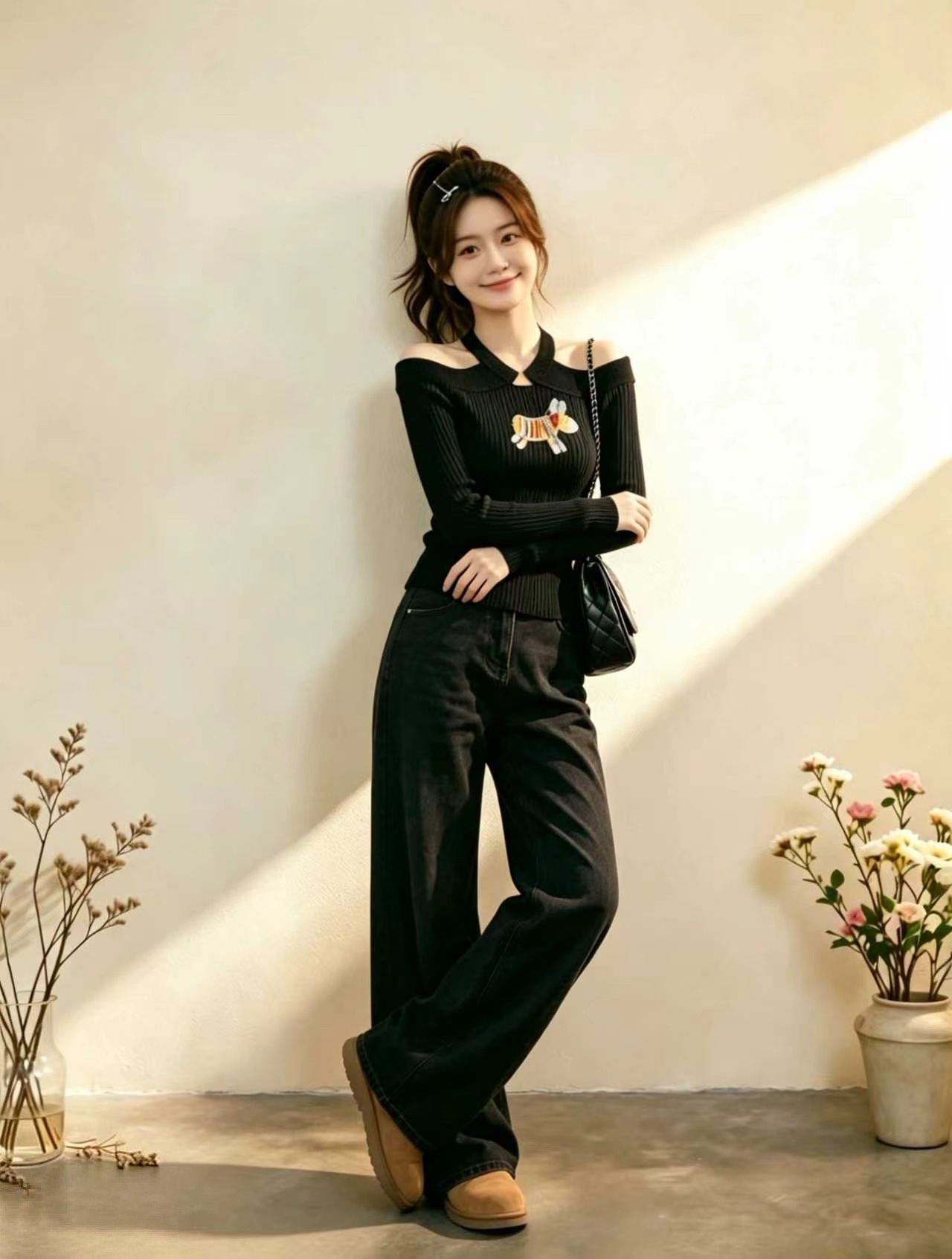 Black Cutout Halter Off-Shoulder Long-Sleeve T-Shirt for Women 2026 Early Autumn Niche Design Top