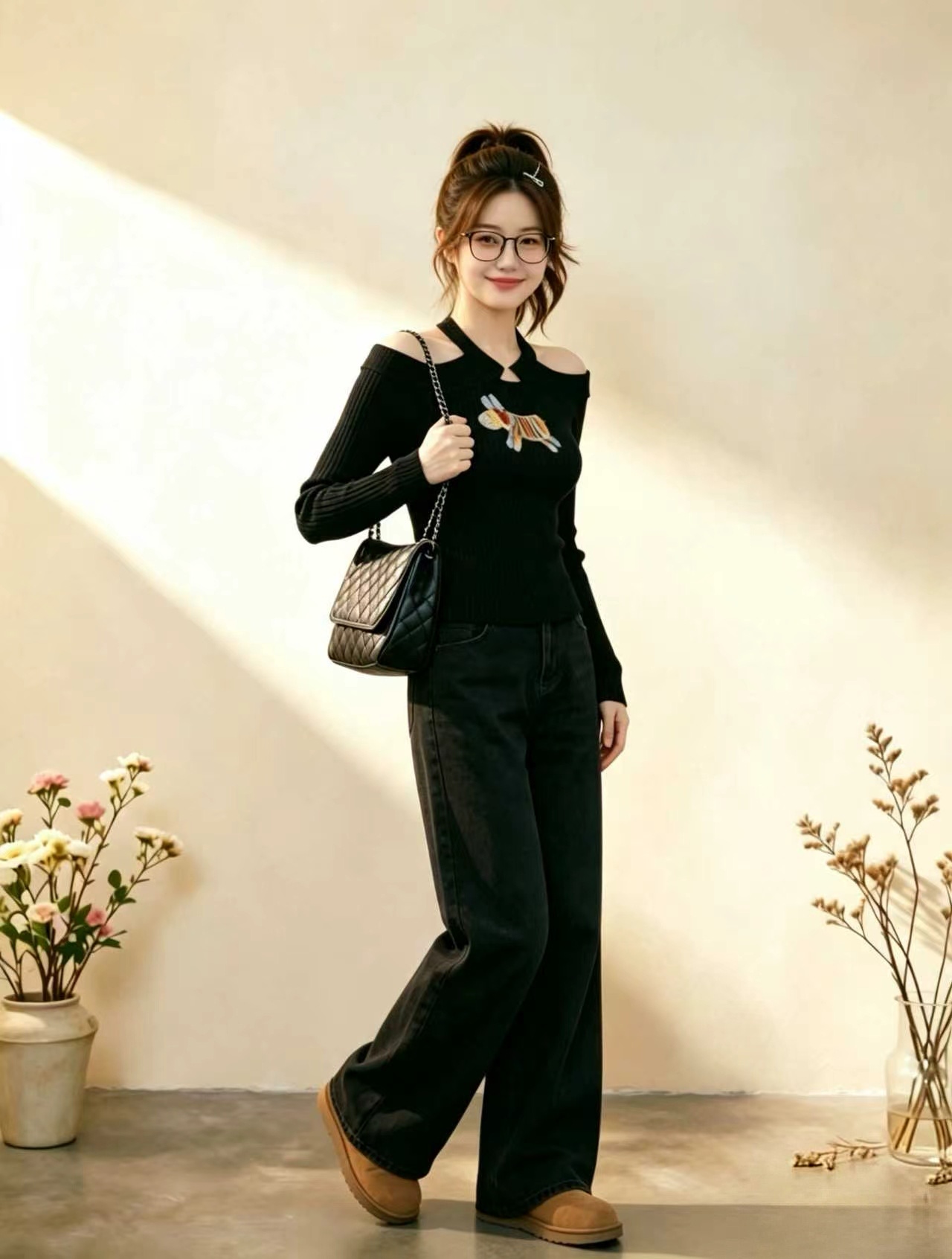 Black Cutout Halter Off-Shoulder Long-Sleeve T-Shirt for Women 2026 Early Autumn Niche Design Top - Image 4