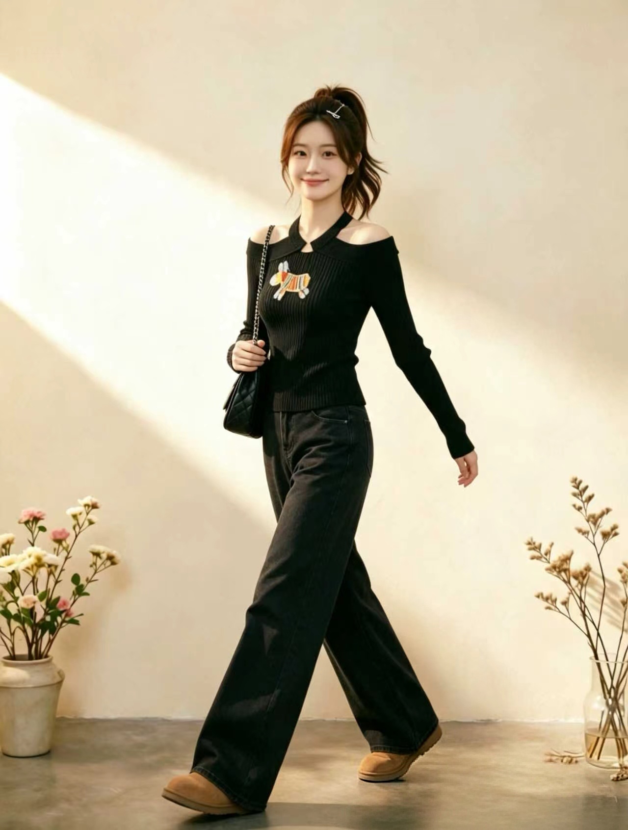 Black Cutout Halter Off-Shoulder Long-Sleeve T-Shirt for Women 2026 Early Autumn Niche Design Top - Image 2