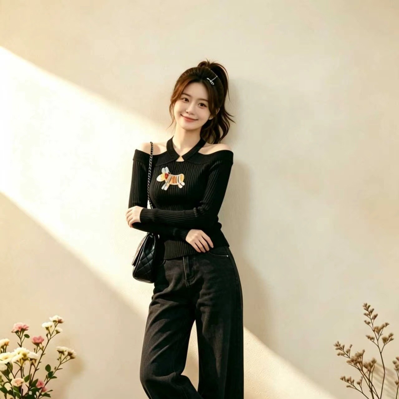 Black Cutout Halter Off-Shoulder Long-Sleeve T-Shirt for Women 2026 Early Autumn Niche Design Top - Image 5