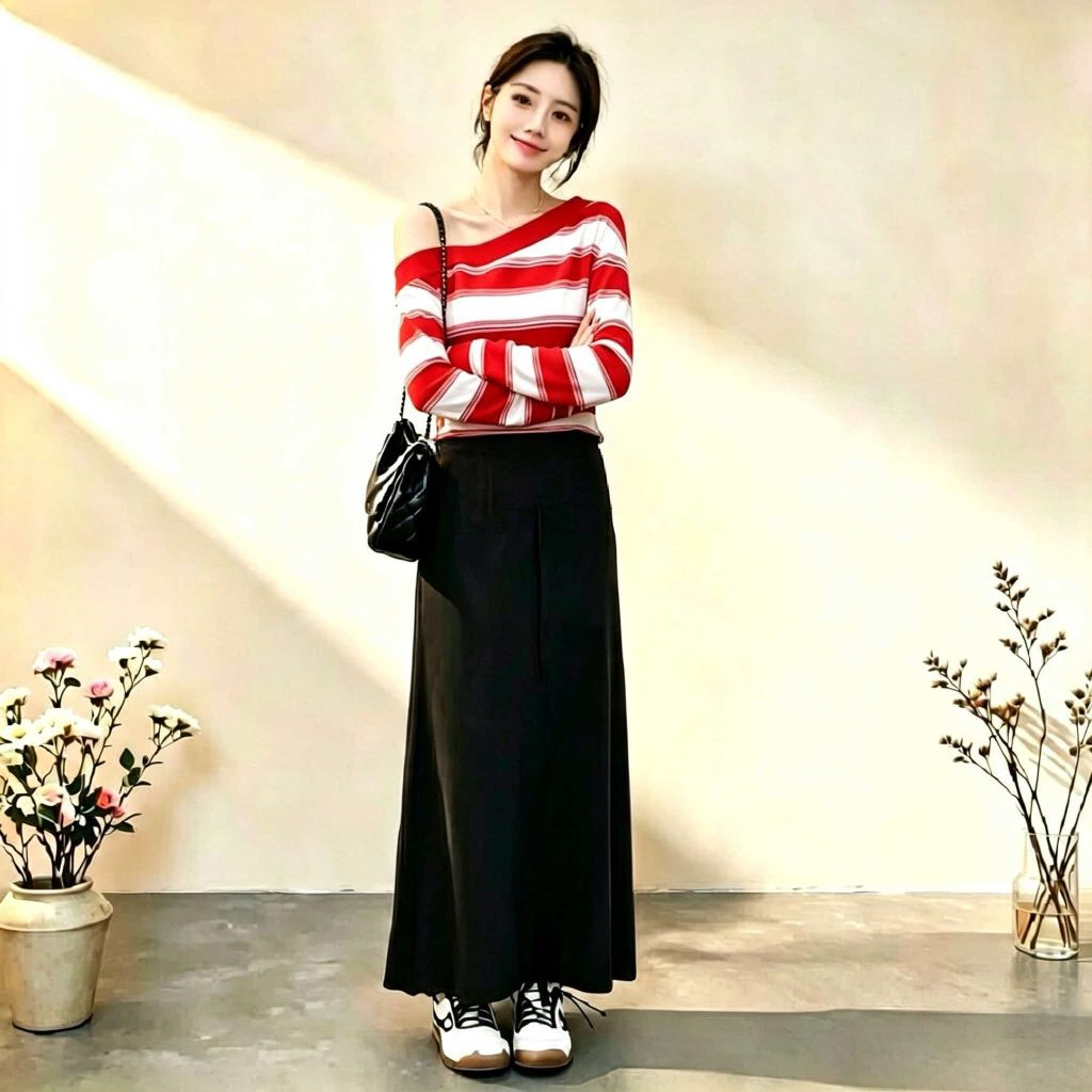 Women's Red One-Shoulder Striped Long-Sleeve Sweatshirt 2026 Fall New Top