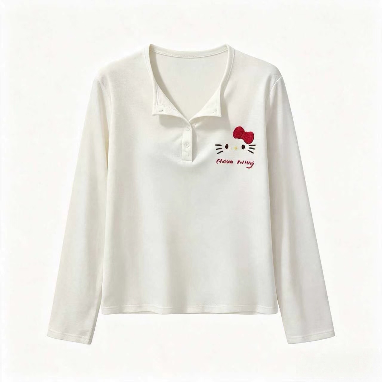 White Button Kitty Cat Long Sleeve T-Shirt Women 2026 Early Autumn Korean Style Top - Image 2