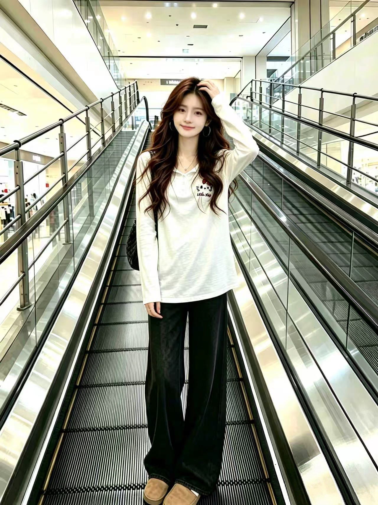 White Button Kitty Cat Long Sleeve T-Shirt Women 2026 Early Autumn Korean Style Top - Image 3