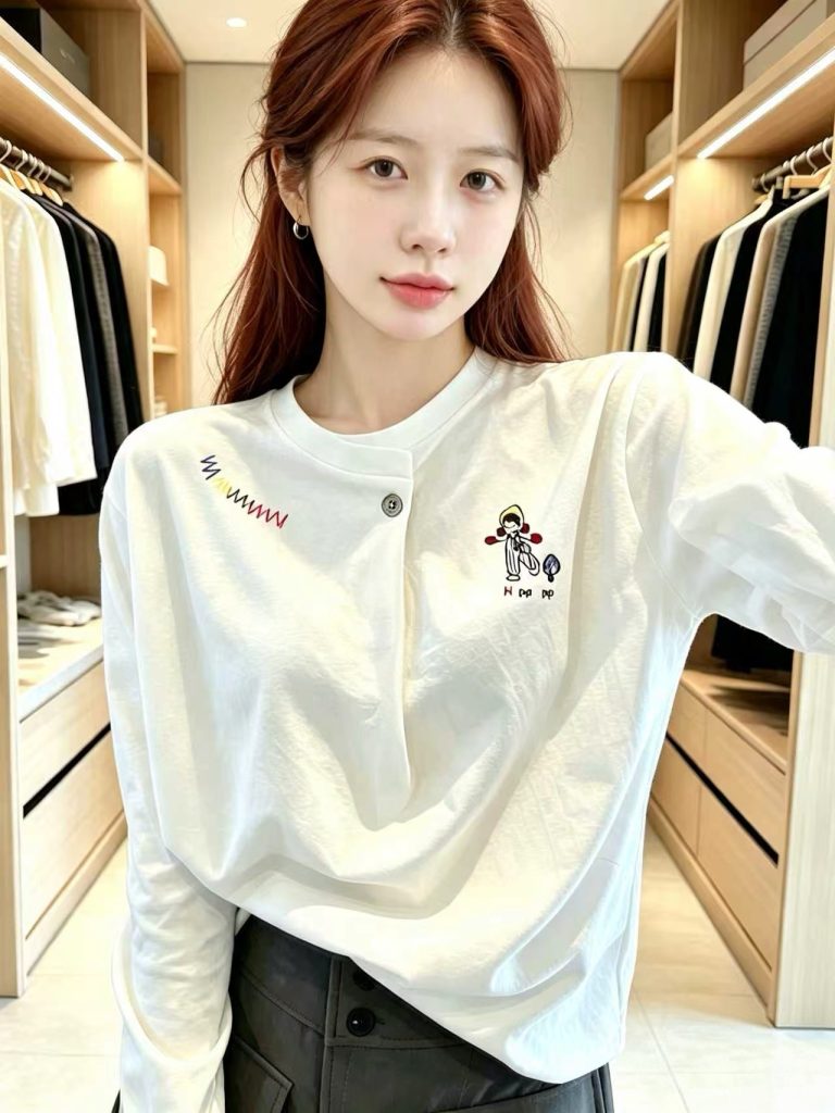 Women's White Rainbow Pony Long Sleeve T-Shirt 2026 Early Autumn Minimalist Top