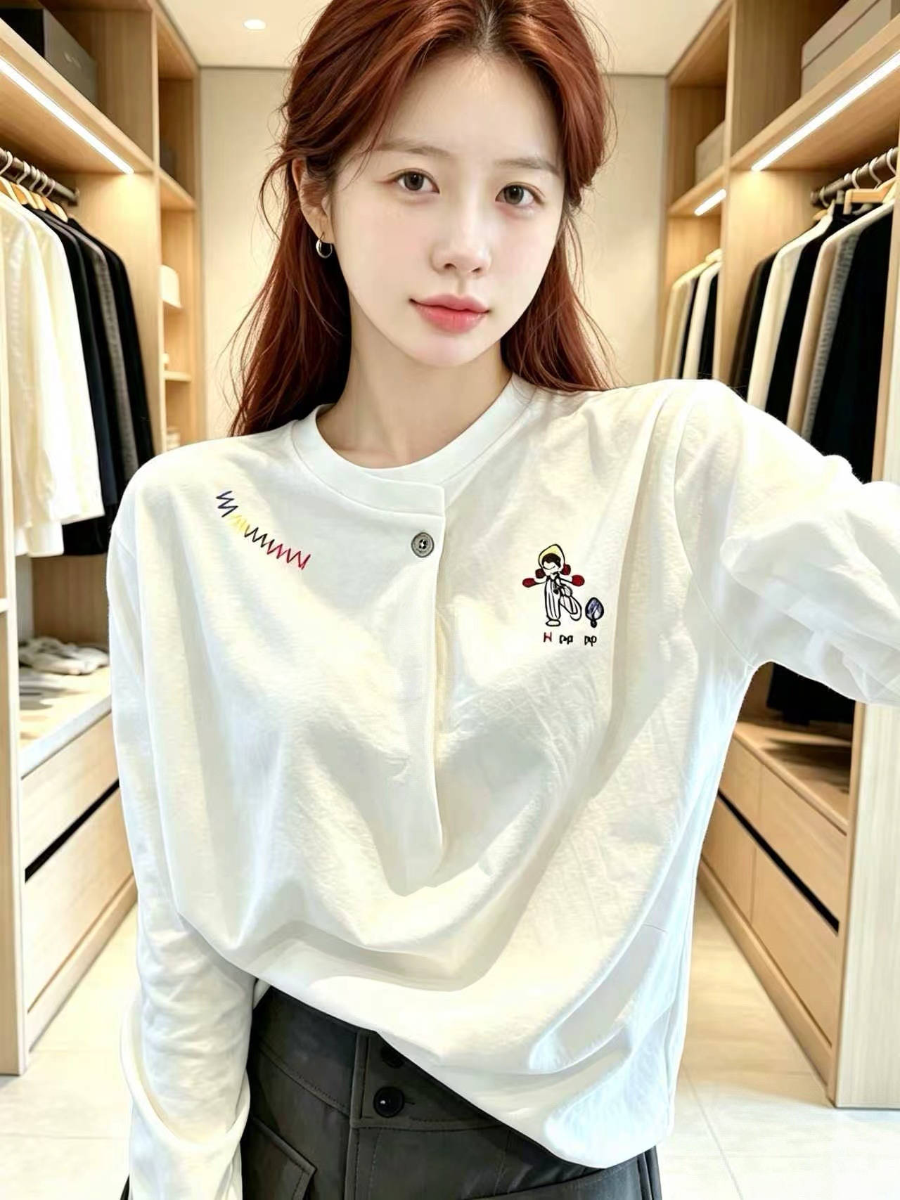 Women's White Rainbow Pony Long Sleeve T-Shirt 2026 Early Autumn Minimalist Top