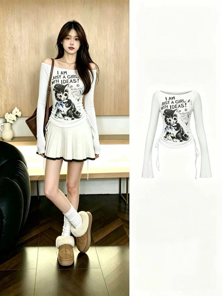 Women's White Off-Shoulder Printed Knit Long-Sleeve T-Shirt Early Autumn Top