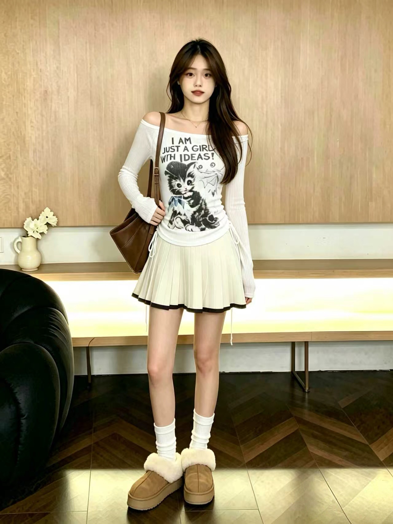 Women's White Off-Shoulder Printed Knit Long-Sleeve T-Shirt Early Autumn Top - Image 2