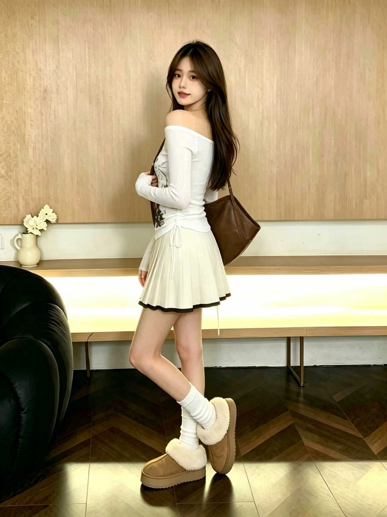 Women's White Off-Shoulder Printed Knit Long-Sleeve T-Shirt Early Autumn Top - Image 4