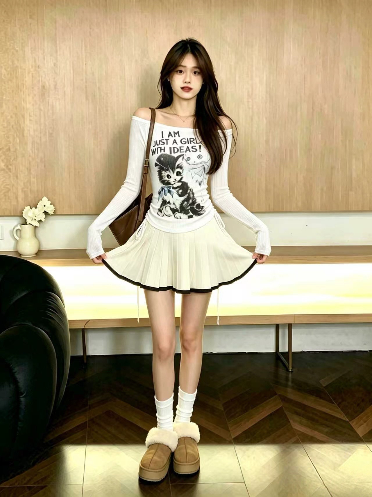 Women's White Off-Shoulder Printed Knit Long-Sleeve T-Shirt Early Autumn Top - Image 3