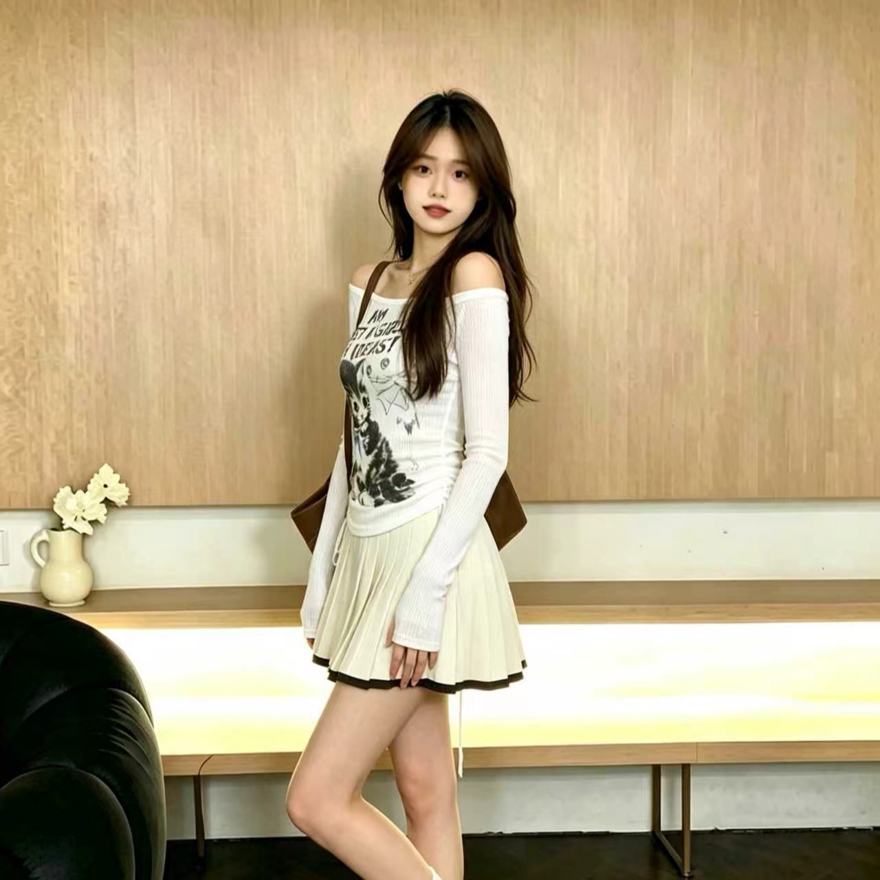 Women's White Off-Shoulder Printed Knit Long-Sleeve T-Shirt Early Autumn Top - Image 5