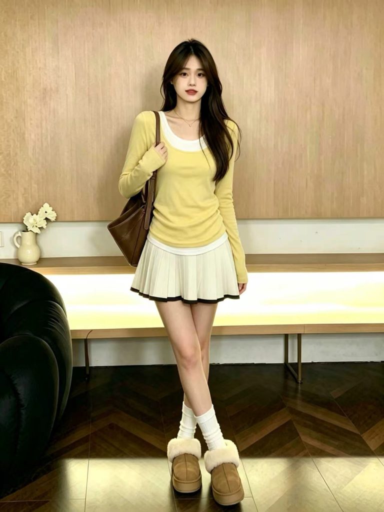 Yellow Faux Two-Piece Long Sleeve T-Shirt for Women 2026 Fall Casual Top